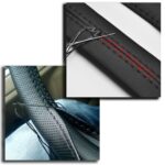 Husa volan din PIELE NATURALA NEAGRA CU DUNGA ROSIE, pentru autoturisme, diametru 37 - 39 cm, cu ac si ata (se coase, aspect ORIGINAL) - imagine 2