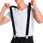 Bretele elegante pentru pantaloni, inguste, tip Y cu 3 catarame, culoare Albastru Marin